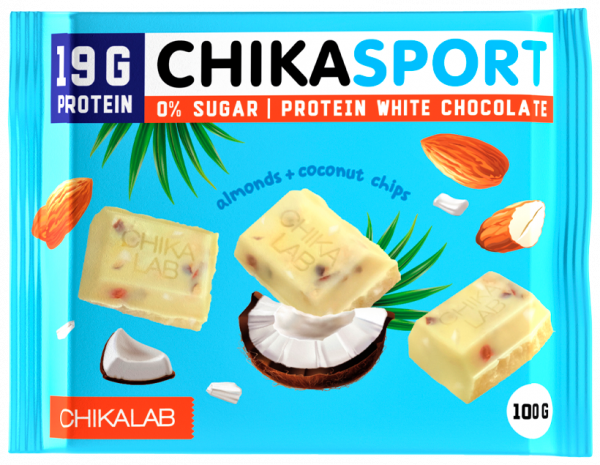 Chikalab Шоколад белый с миндалем и кокосовыми чипсами, 100 грамм